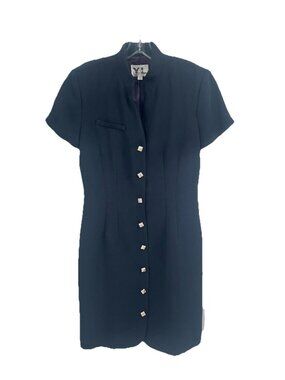 Vintage 90s Black Sheath Midi Dress Sz 8 Button Front Minimialist Career Office
